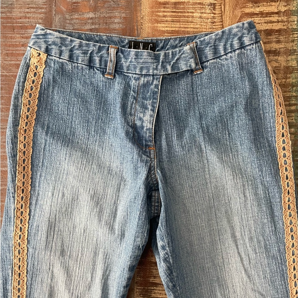 INC International Concepts Blue Jeans with Brown Lace Detail